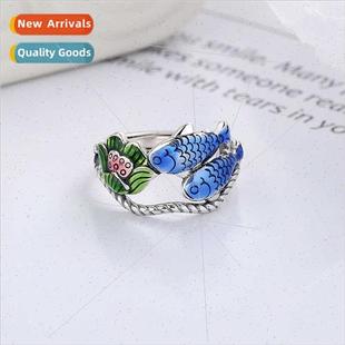 play lotus old two lerary retro fish female Cloisonné ring