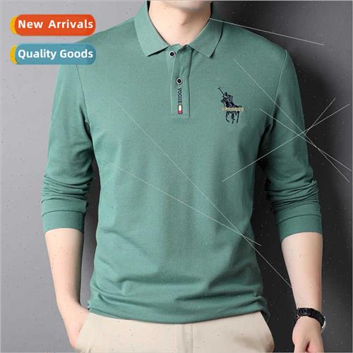 Long-sleeved t-shirt men spring autumn cotton fall lapel emb