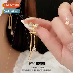 zirconia bow tassel lver versatile needle earrings plated