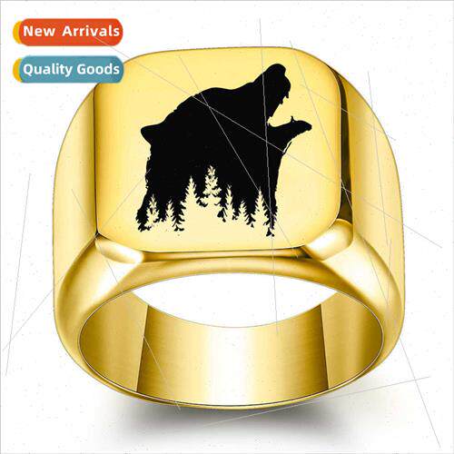 wolf head Timberwolf tanium steel ring men retro punk square