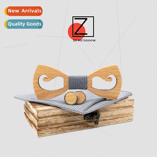 Europe Pointed Hollow Solid Wood Bow Tie Pocket Square Cuffl