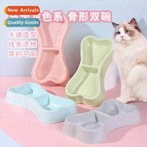 Macaroon Color Bone Plastic Double Bowl Pet Bowl Cat Food Bo
