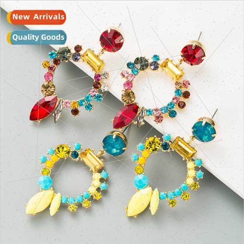 ins Europe geometric colorful full diamond hollow long earri