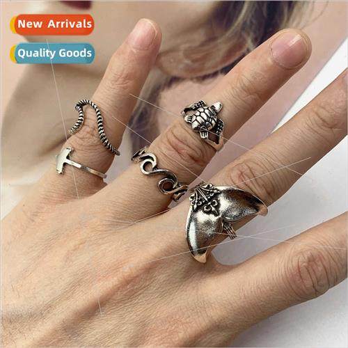 Big Europe Boho Geometric Turtle Fishtail 5-Piece Ring Set