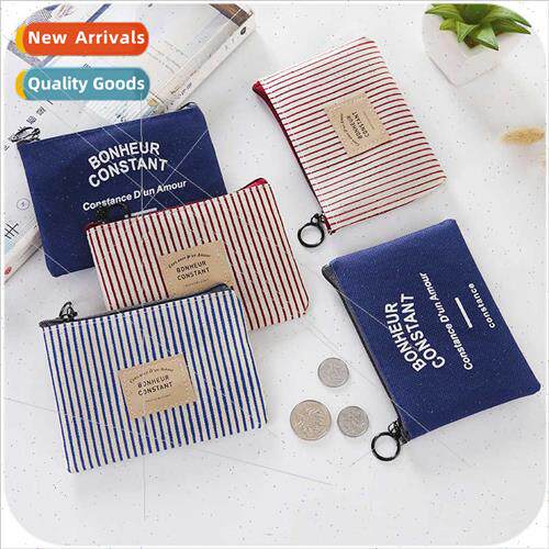 Korean  handbag striped coin purse coin bag cotton linen key