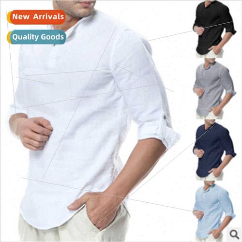 2019 Men Standing Collar Cotton nen Long Sleeve Blouse Shirt