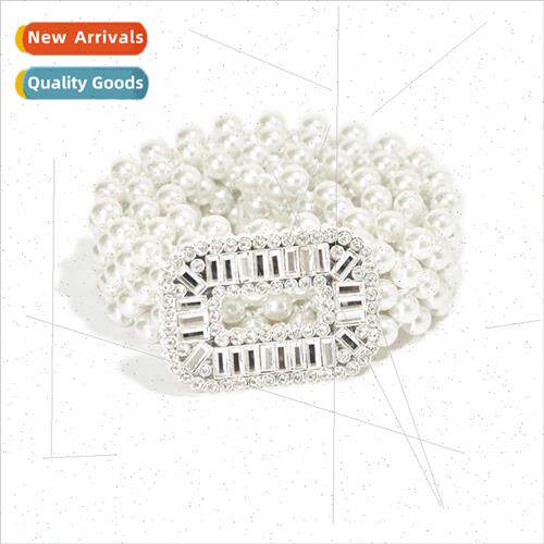 Women elastic rhinestone inlaid square buckle pearl wide bel