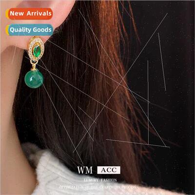 lver pin green zircon oval cutout earrings French fashion st