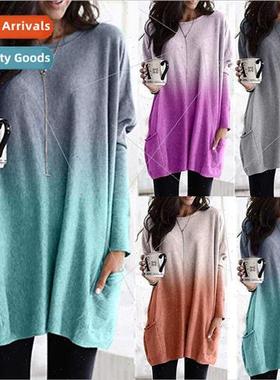 2023 Gradient Long Sleeve Casual Pocket T-Shirt Tops Women