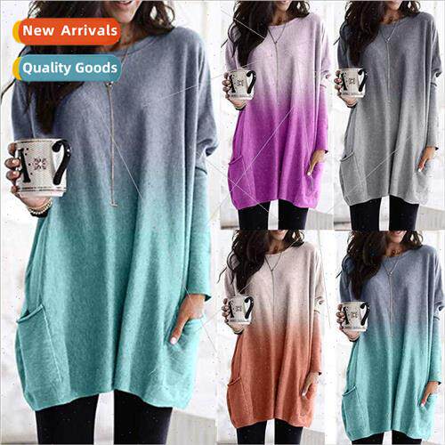 2023 Gradient Long Sleeve Casual Pocket T-Shirt Tops Women