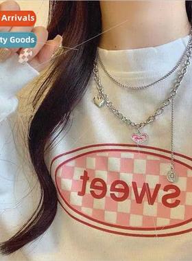 Sweatshirt Chain Pink Heart Necklace Double Layer Layers che