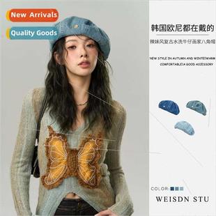 washed denim cotton Metal versatile vintage beret pain label