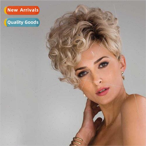 Europe blonde wig women short curly head set fluffy high tem