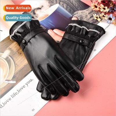 Faux Leather Women Gloves Lace ngle Button Thickened Autumn