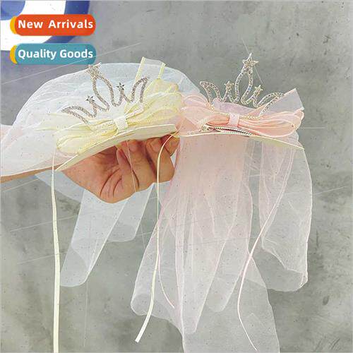 Cute baby girl princess veil hair clips bright diamond crown