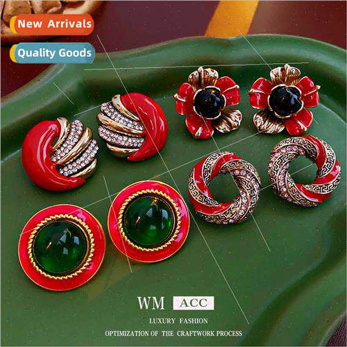 Earrings lver Pin Diamond Oil Drop Red Round Earrings French