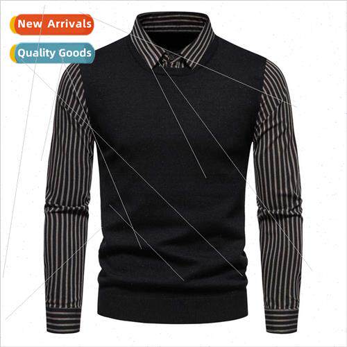 2023 Autumn new men knted bottom shirt striped sleeves shirt
