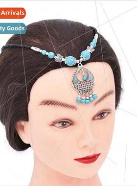 Ethnic headdress lake blue turquoise tassel ehead hairband b