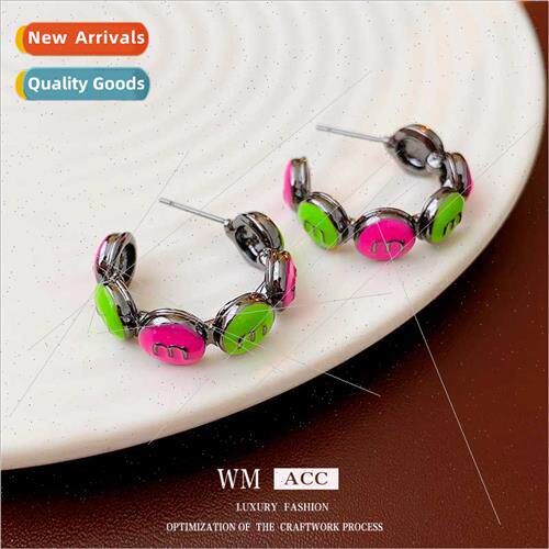 lver needle colorful oil drop c-shaped letter earrings Europ