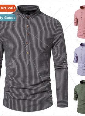 2023 New Henley Collar Men Long Sleeve Striped Shirt