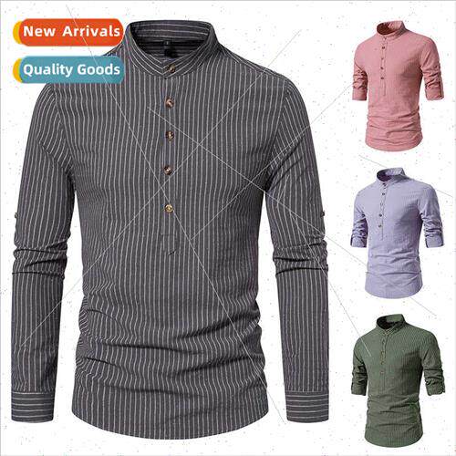 2023 New Henley Collar Men Long Sleeve Striped Shirt