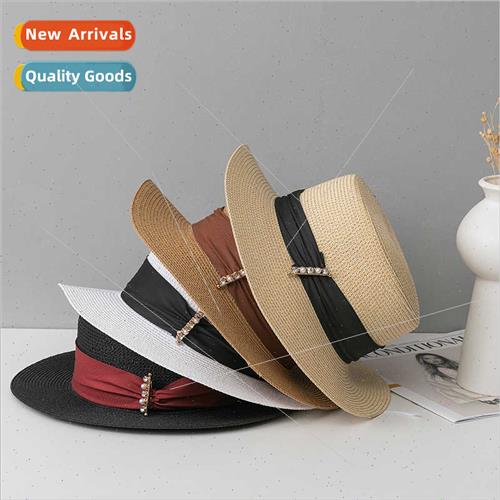 Flat-top women pearl straw hat scarf hat travel set small fr