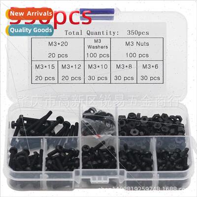 Black 350pcs Nylon Screws Nuts Flat Washers M3 Combination P