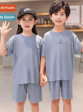 Summer new children plain ice silk short-sleeved shorts su m