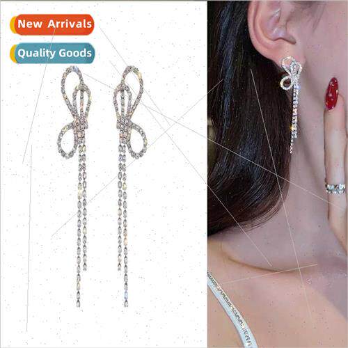 925 silver pin fashion full diamond bow tassel earrings Kore