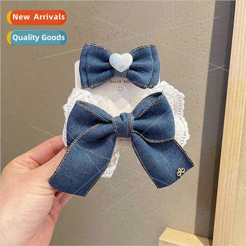Teenage girl cute denim blue bow lace headdress senior sense