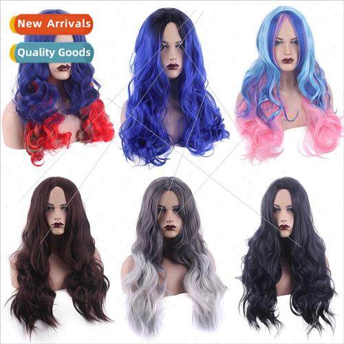Wig female long curly hair big waves in middle parting bangs