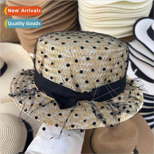 Japanese flat top black bow straw hat Korean straw woven sun