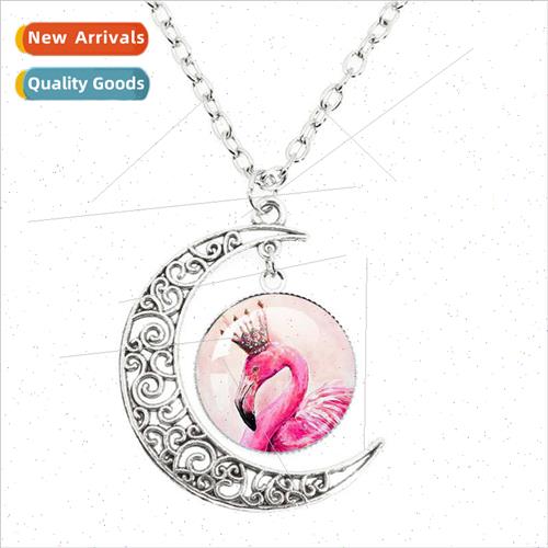New Flamingo Glass Cabochon Round Photo Moon Necklace Diy Gi