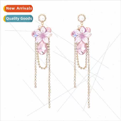 super fairy tassel purple long rhinestone flower earrings re