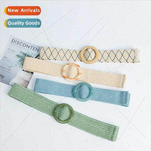 Fashion elastic PP grass textile wide belt bohemian round bu