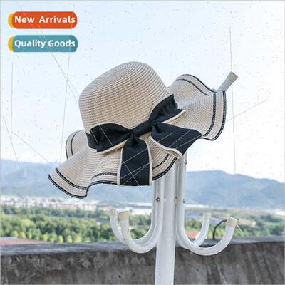 Summer Korean  ladies straw hat wooden ears edge flowers wav