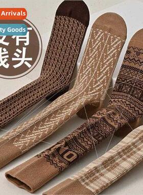 Calf socks women knee Brish small leather shoes curry color