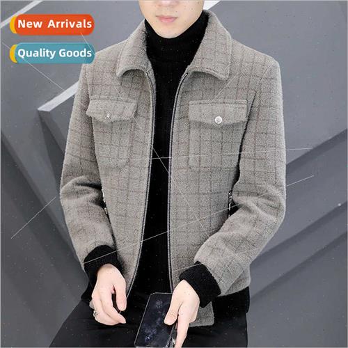 Lapel plaid casual tops fall winter men gold mink jacket mid