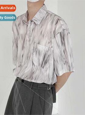 Tie-dye gradient short-sleeved floral shirt mens summer Kore