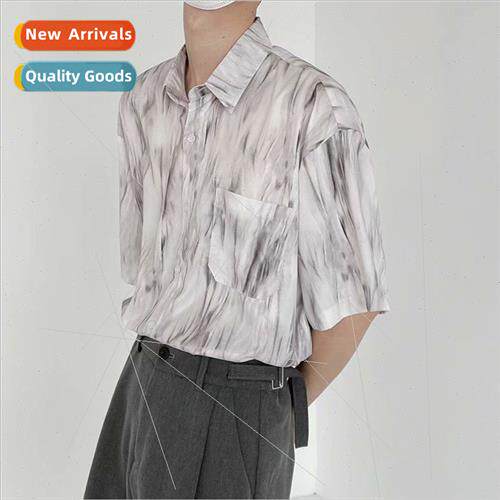 Tie-dye gradient short-sleeved floral shirt mens summer Kore