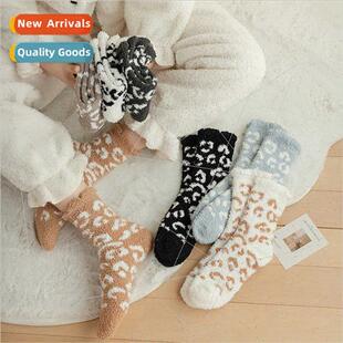 Korean  leopard coral velvet socks female ruffled mid-calf s