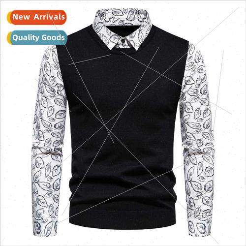 2023 Fall New Printed Sleeve Shirt Collar Fake Twopcs Slim K