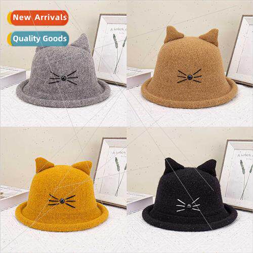 Cat ears rolled edge pot hat women fall winter cute round to