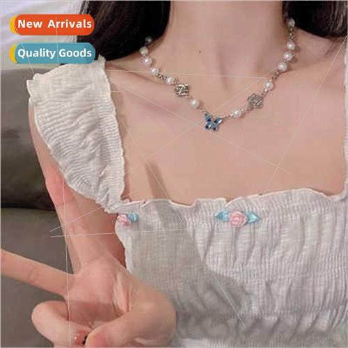 French blue butterfly pearl necklace women 2023 new ins nich