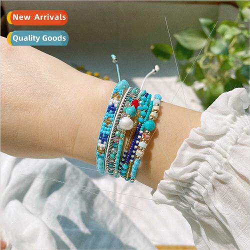 Bohemian wind multi-layer blue bracelet female vintage rice