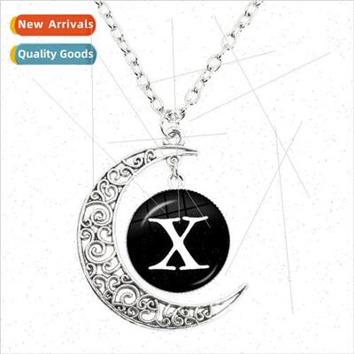 26LettersDiy Handmade Glass Cabochon Moon Necklace Pendant
