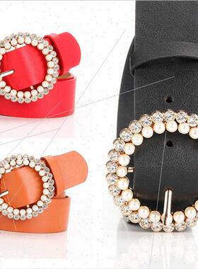 Women belt buckle head inlaid rhinestone fashion sweet pearl