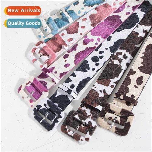 Y2K Young Girls Hundred Faux Horsehair Cow Print Belt Wide B