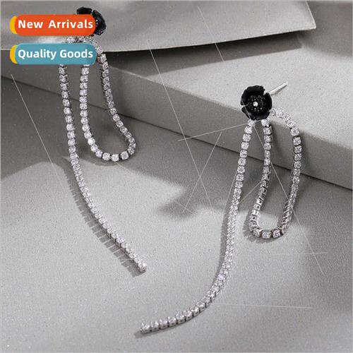 Black whe pearl extra long zirconia earrings drip oil craft