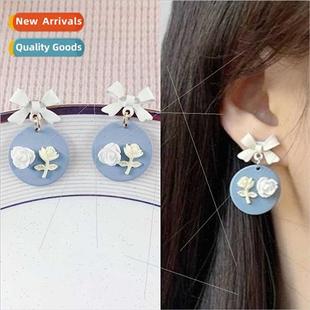 rose cartoon earrings new sweet blue bow girl haze